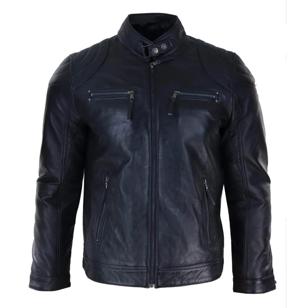 Mens Biker Zip Jacket Real Leather Casual Light Short Classic Retro Motorcycle - Knighthood Store