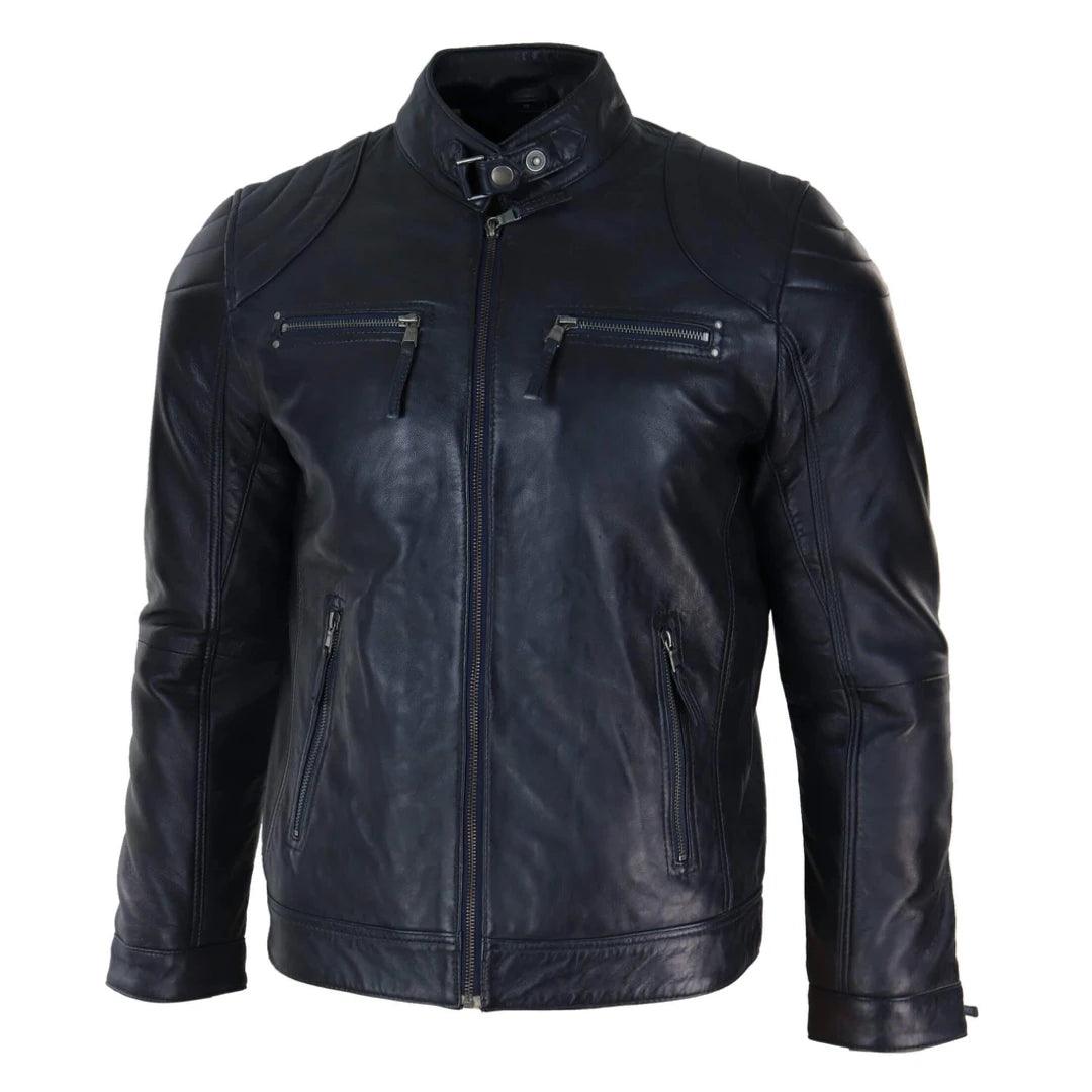 Mens Biker Zip Jacket Real Leather Casual Light Short Classic Retro Motorcycle - Knighthood Store