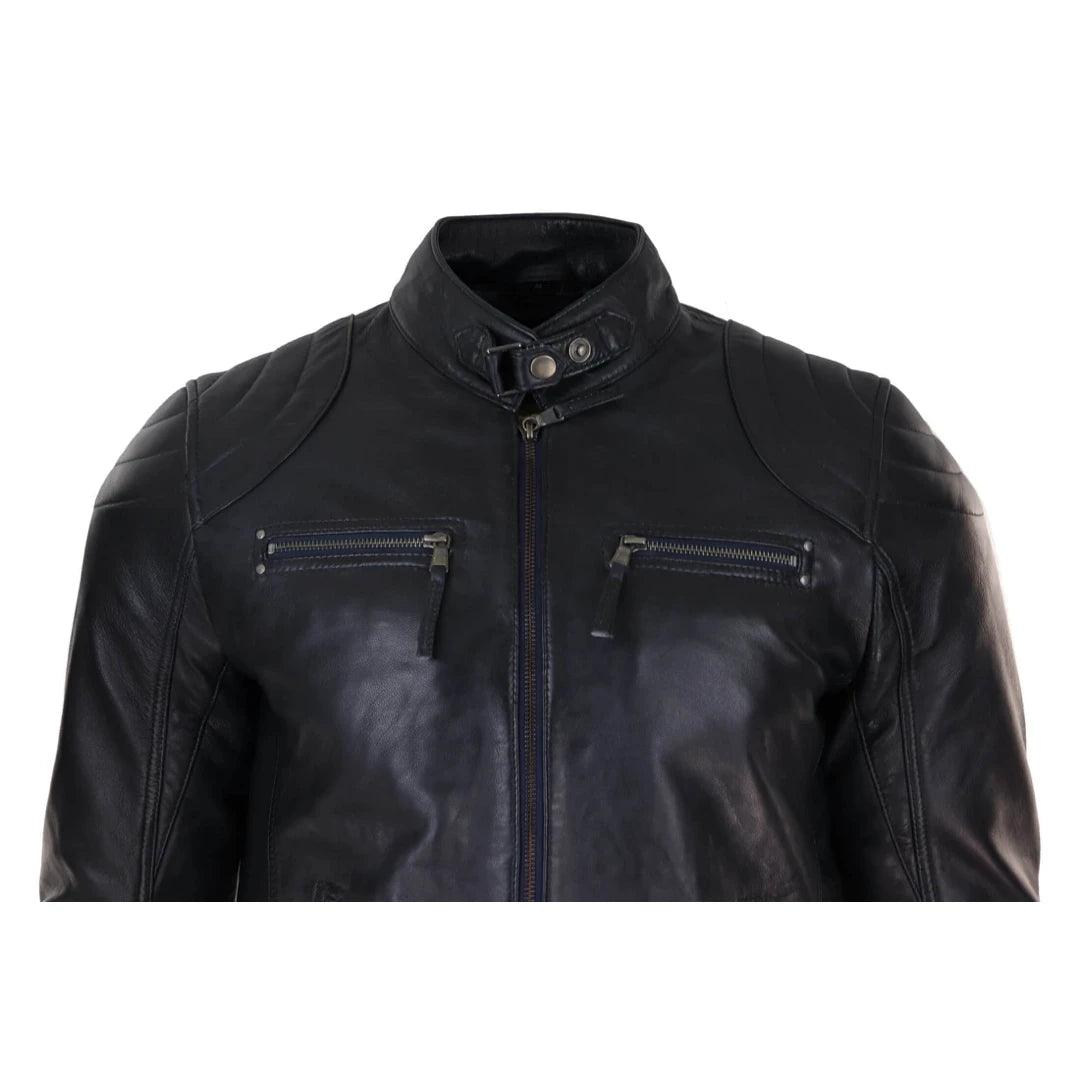 Mens Biker Zip Jacket Real Leather Casual Light Short Classic Retro Motorcycle - Knighthood Store