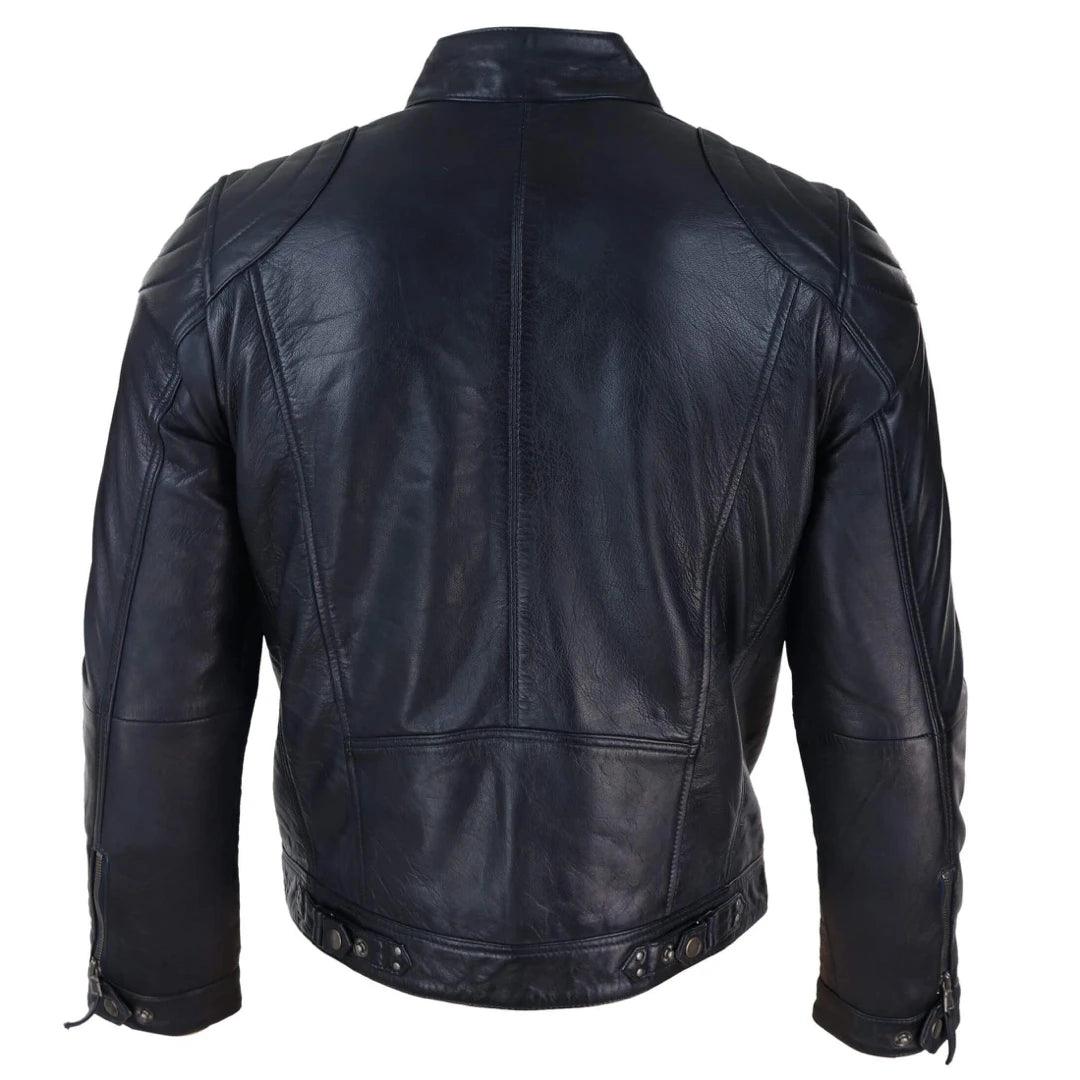 Mens Biker Zip Jacket Real Leather Casual Light Short Classic Retro Motorcycle - Knighthood Store