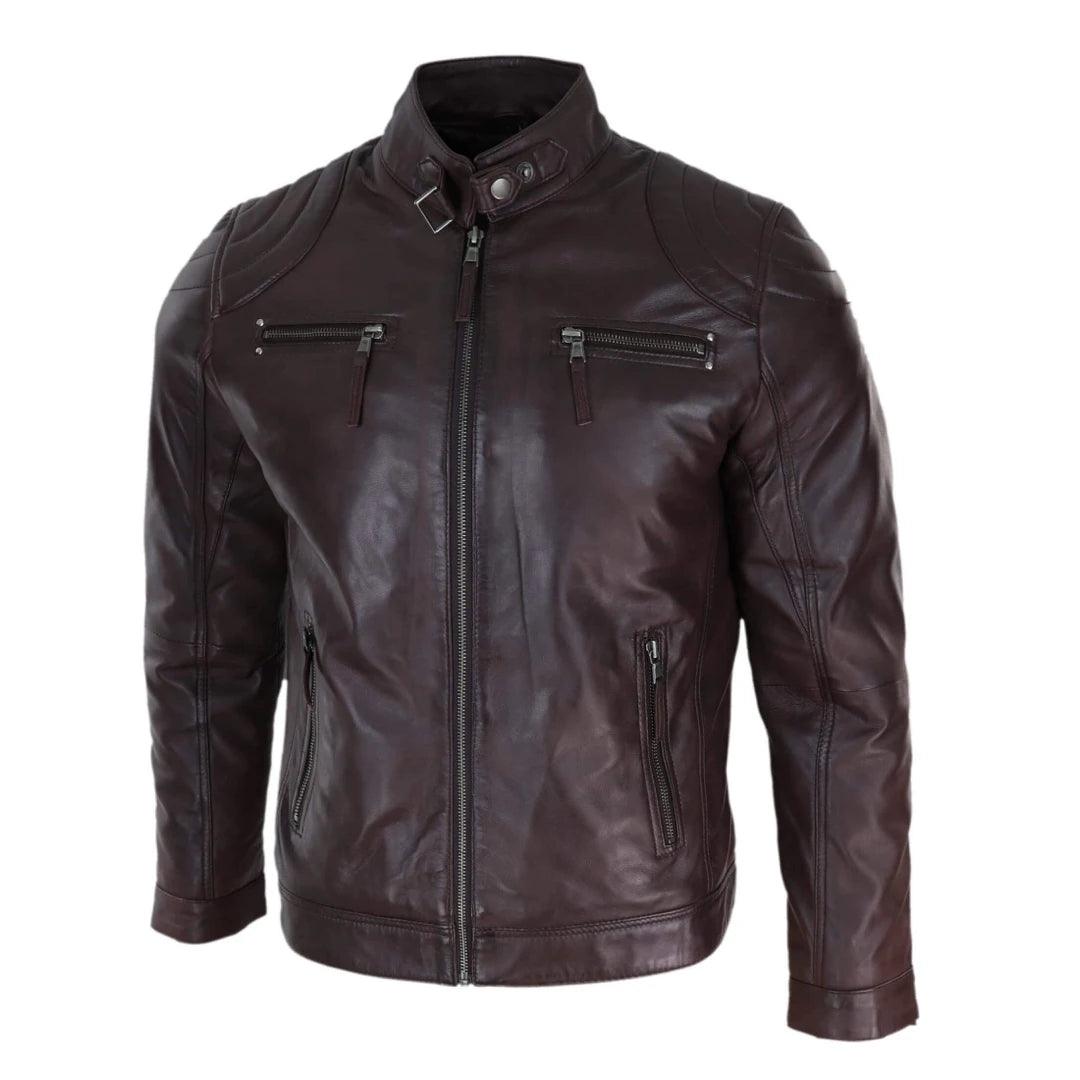 Mens Biker Zip Jacket Real Leather Casual Light Short Classic Retro Motorcycle - Knighthood Store