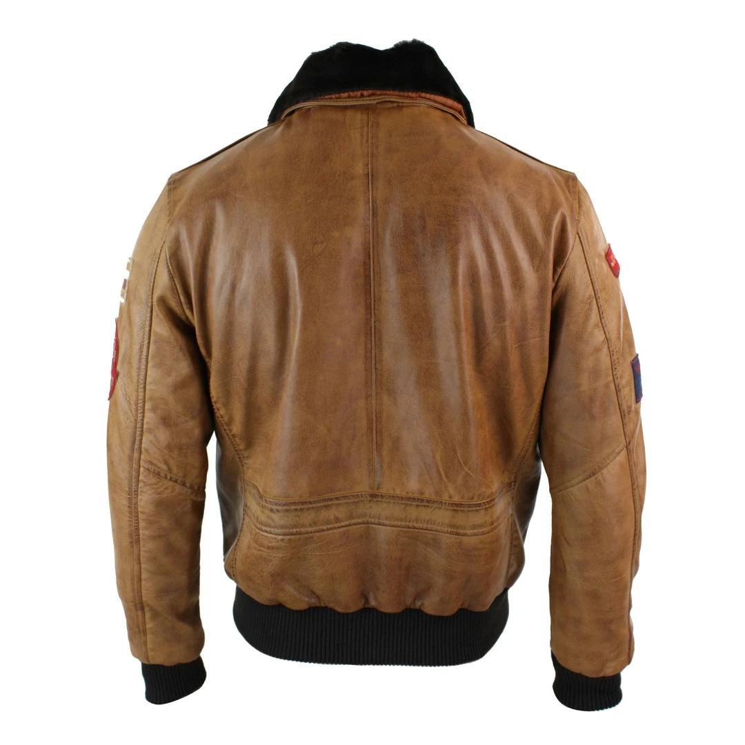 Mens Genuine Leather Air Force Pilot Bomber Jacket Tan Brown Badge Vintage Retro - Knighthood Store