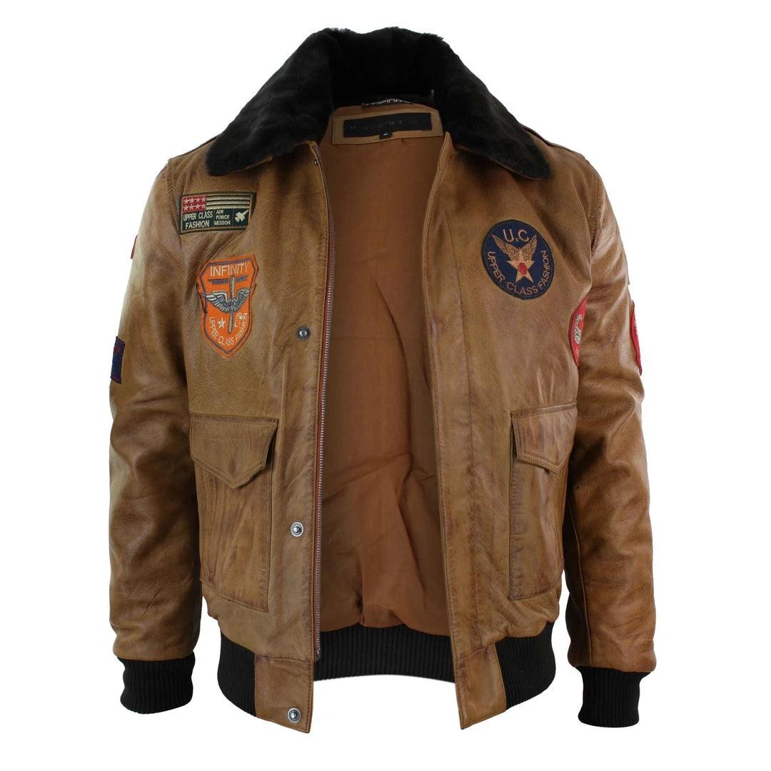 Mens Genuine Leather Air Force Pilot Bomber Jacket Tan Brown Badge Vintage Retro - Knighthood Store