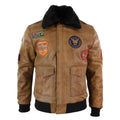 Mens Genuine Leather Air Force Pilot Bomber Jacket Tan Brown Badge Vintage Retro - Knighthood Store