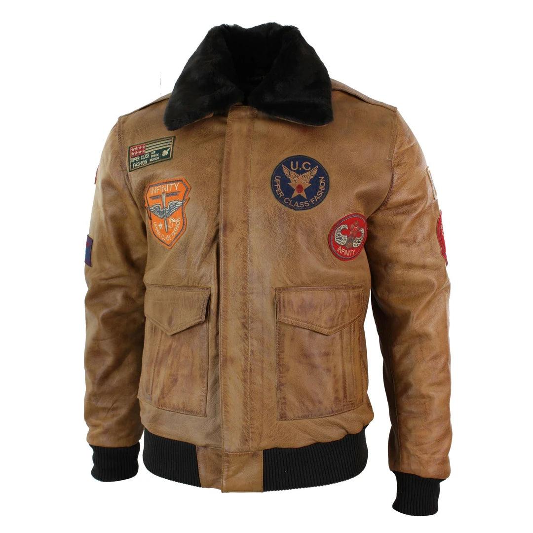 Mens Genuine Leather Air Force Pilot Bomber Jacket Tan Brown Badge Vintage Retro - Knighthood Store