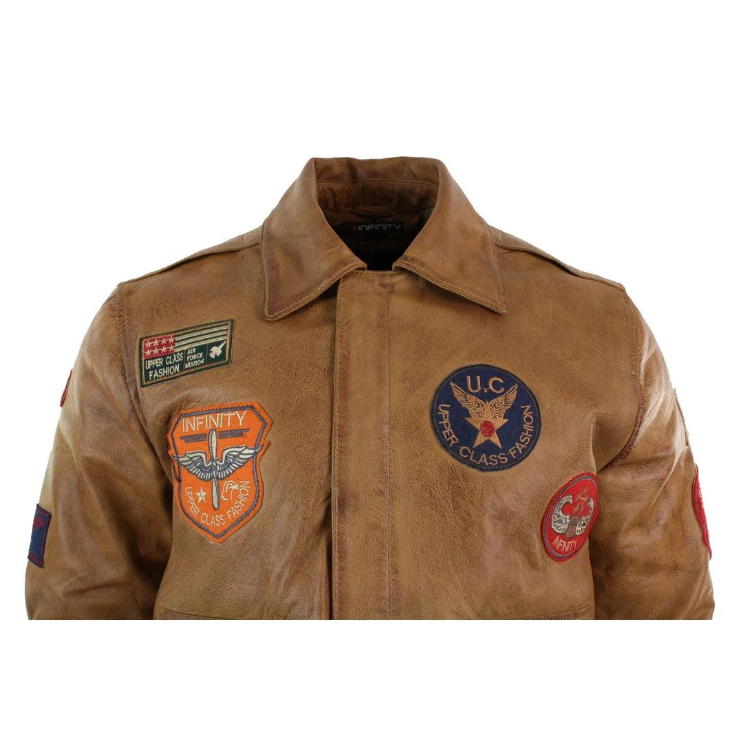 Mens Genuine Leather Air Force Pilot Bomber Jacket Tan Brown Badge Vintage Retro - Knighthood Store