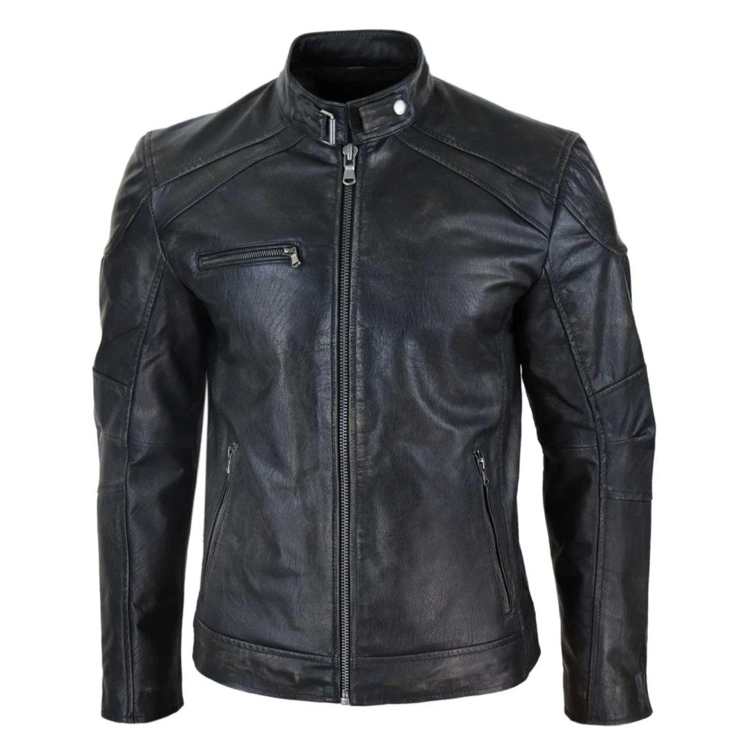 Mens Real Leather Zipped Biker Jacket Vintage Washed Black Brown Distressed Vintage - Knighthood Store