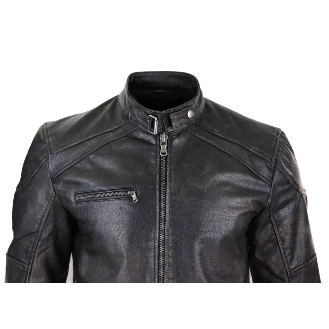 Mens Real Leather Zipped Biker Jacket Vintage Washed Black Brown Distressed Vintage - Knighthood Store