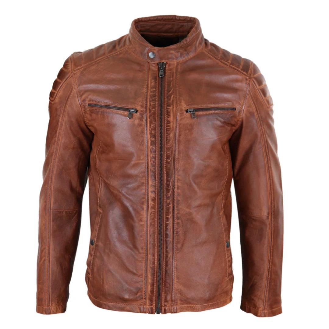 Mens Real Leather Jacket Tailored Fit Biker Zipped Smart Casual Retro