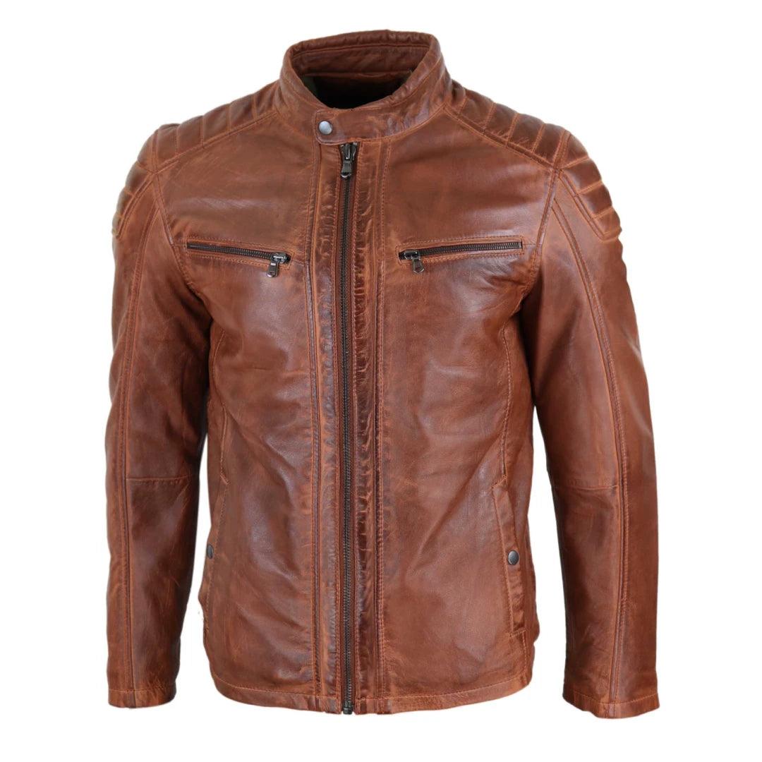 Mens Real Leather Jacket Tailored Fit Biker Zipped Smart Casual Retro Vintage - Knighthood Store