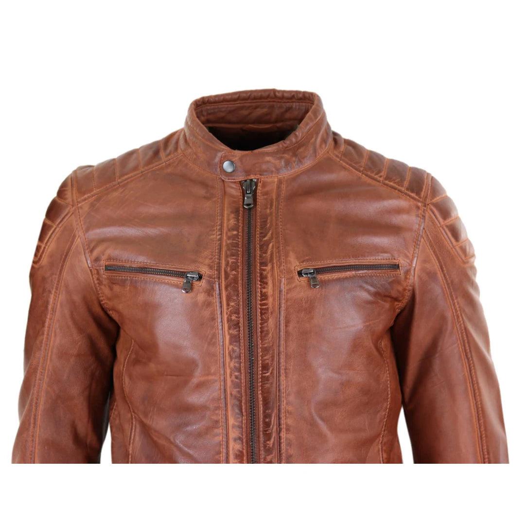 Mens Real Leather Jacket Tailored Fit Biker Zipped Smart Casual Retro Vintage - Knighthood Store