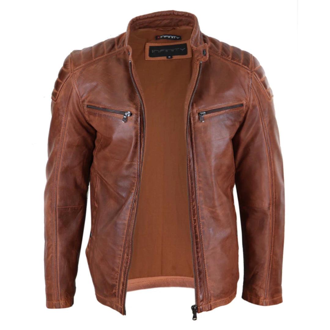 Mens Real Leather Jacket Tailored Fit Biker Zipped Smart Casual Retro Vintage - Knighthood Store