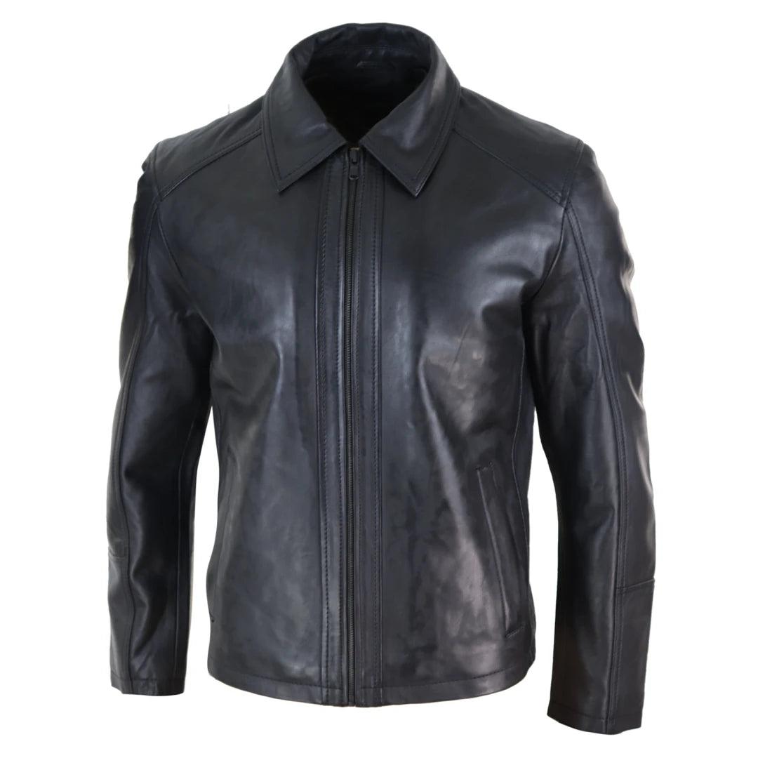 Mens Real Leather Jacket Black Tan Zipped Driving Classic Smart Casual Soft Napa - Knighthood Store