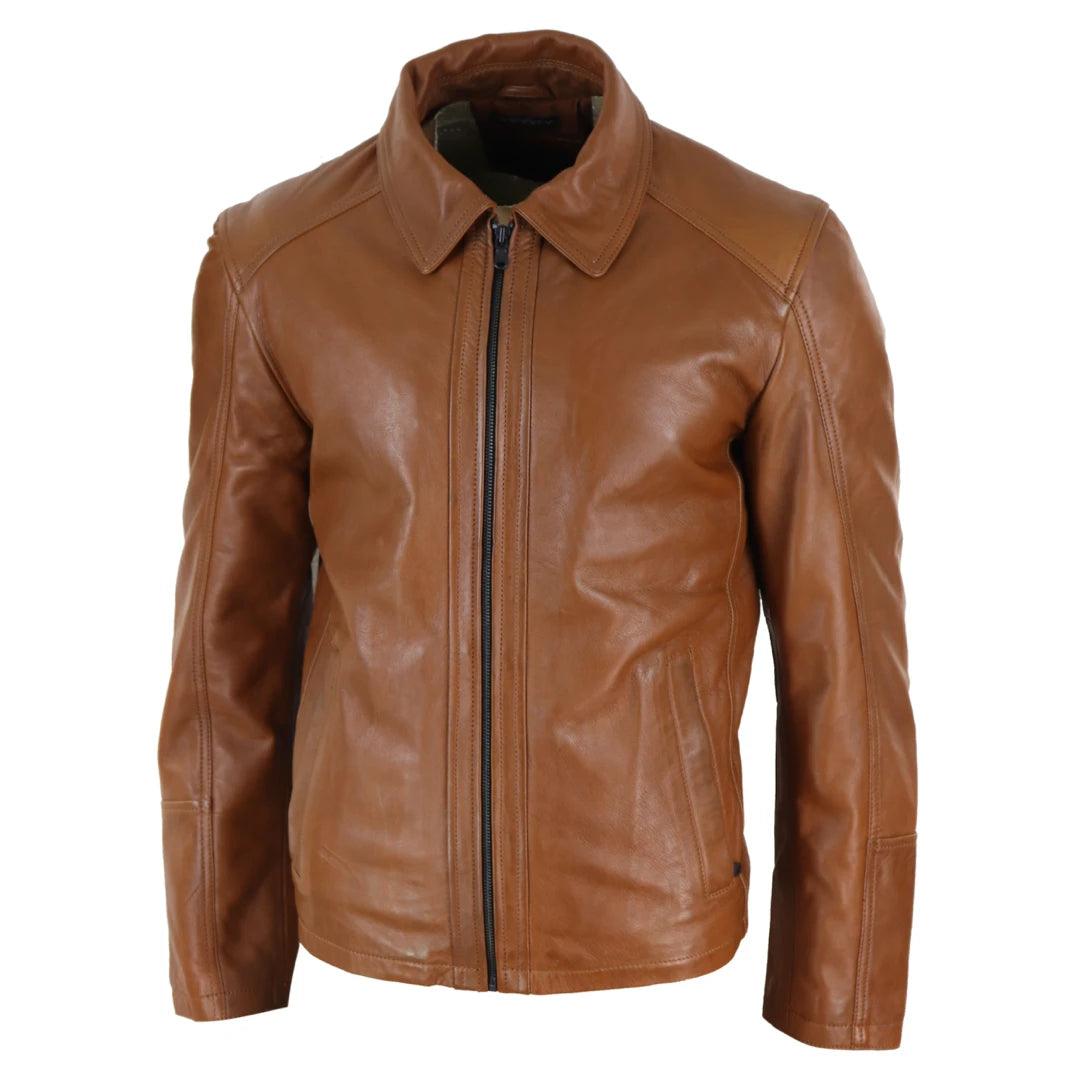 Mens Real Leather Jacket Black Tan Zipped Driving Classic Smart Casual Soft Napa - Knighthood Store