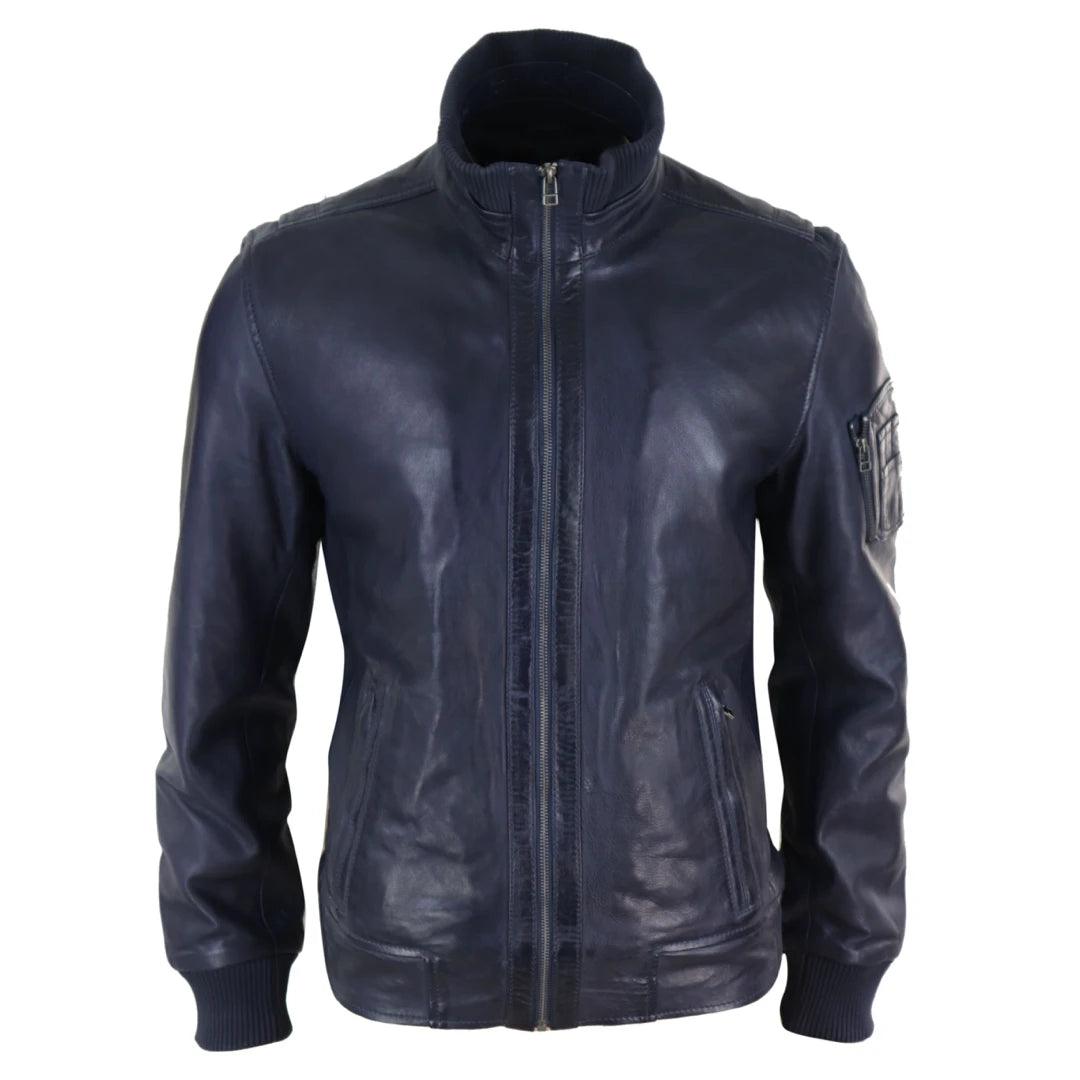 Mens Real Leather Bomber Jacket Smart Casual Blue Brown High Elasticated Neck - Knighthood Store