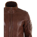 Mens Real Leather Bomber Jacket Smart Casual Blue Brown High Elasticated Neck - Knighthood Store