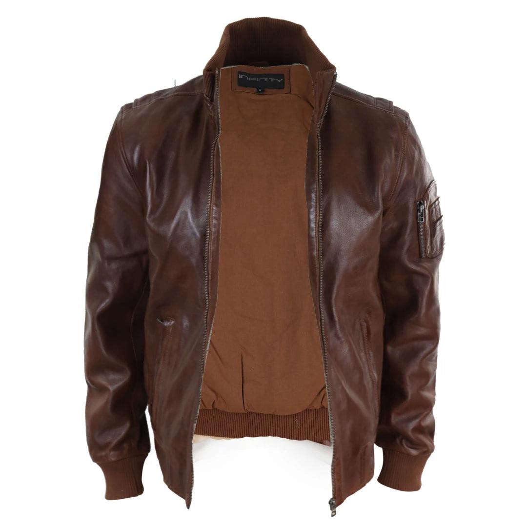 Mens Real Leather Bomber Jacket Smart Casual Blue Brown High Elasticated Neck - Knighthood Store