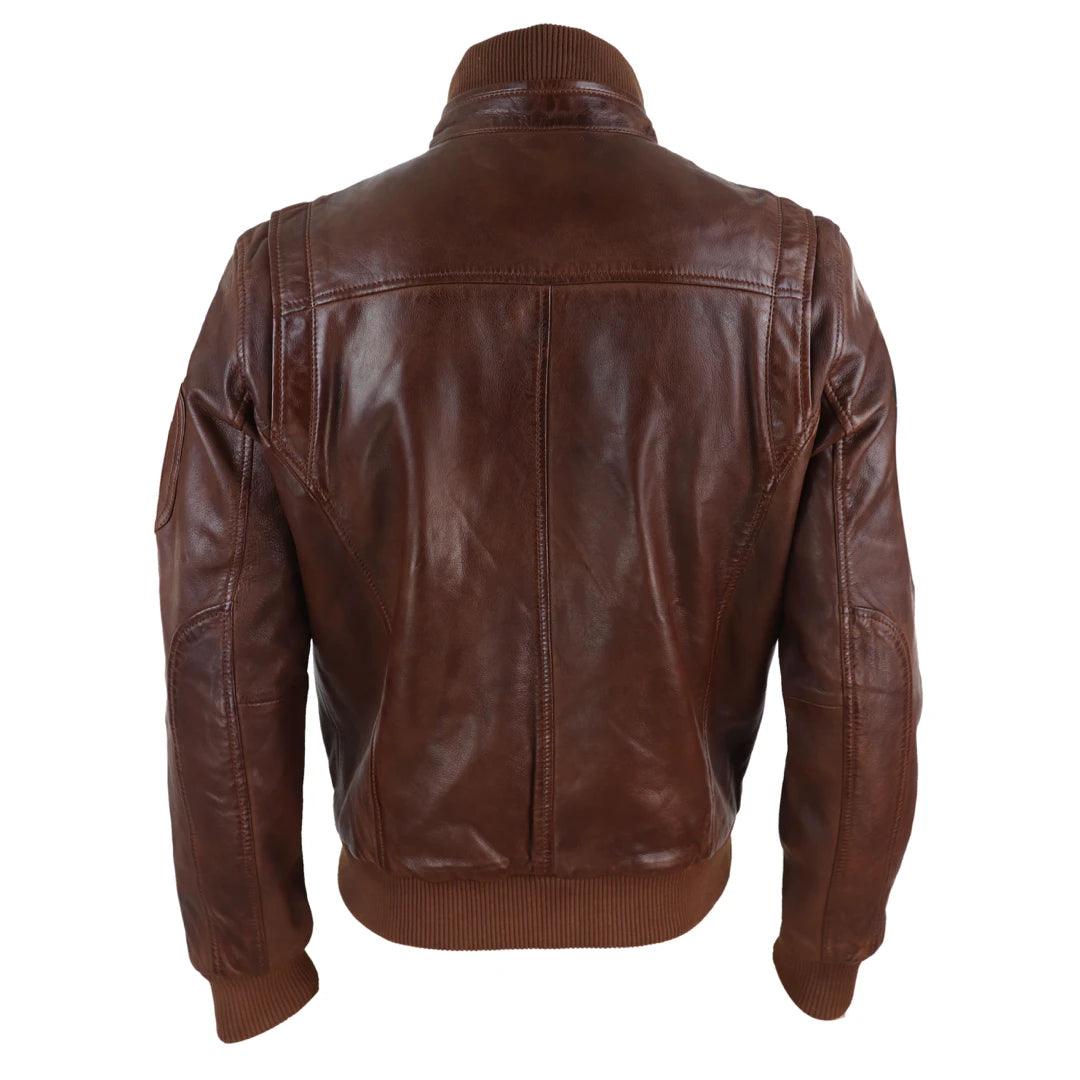 Mens Real Leather Bomber Jacket Smart Casual Blue Brown High Elasticated Neck - Knighthood Store