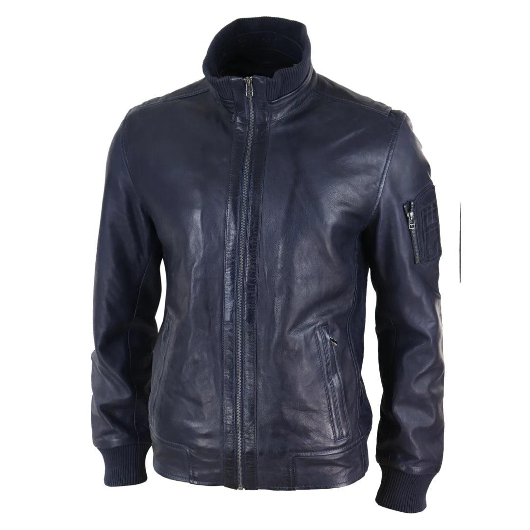 Mens Real Leather Bomber Jacket Smart Casual Blue Brown High Elasticated Neck - Knighthood Store