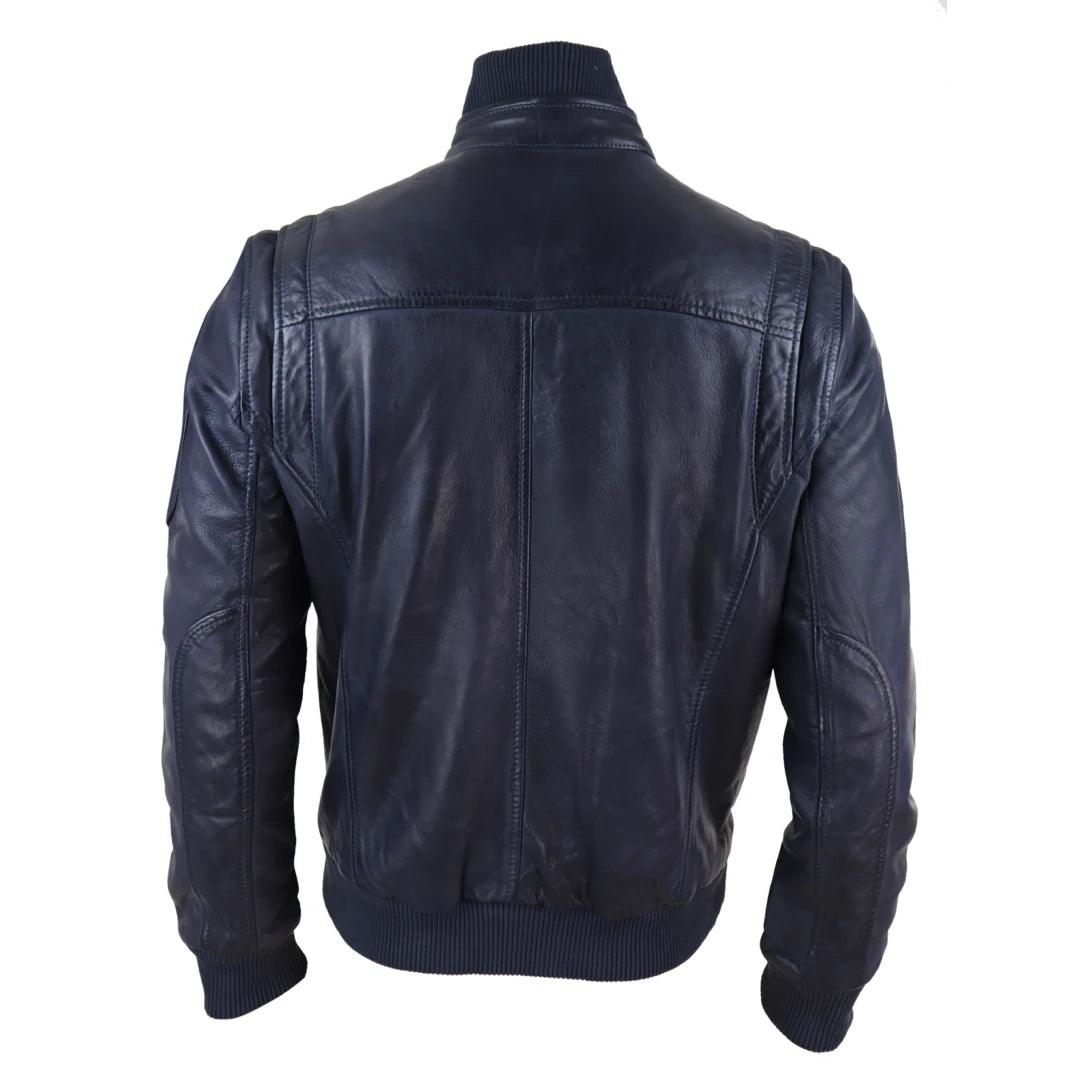 Mens Real Leather Bomber Jacket Smart Casual Blue Brown High Elasticated Neck - Knighthood Store