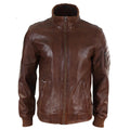 Mens Real Leather Bomber Jacket Smart Casual Blue Brown High Elasticated Neck - Knighthood Store