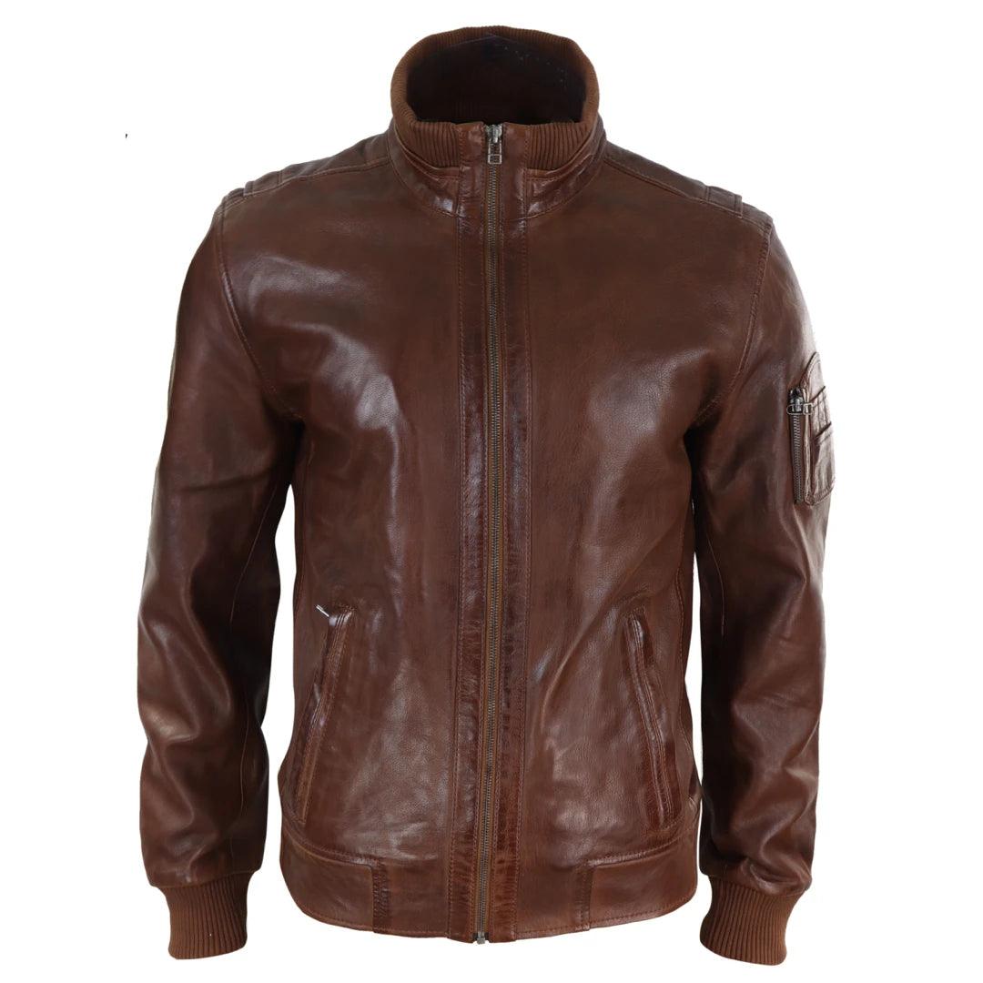 Mens Real Leather Bomber Jacket Smart Casual Blue Brown High Elasticated Neck - Knighthood Store