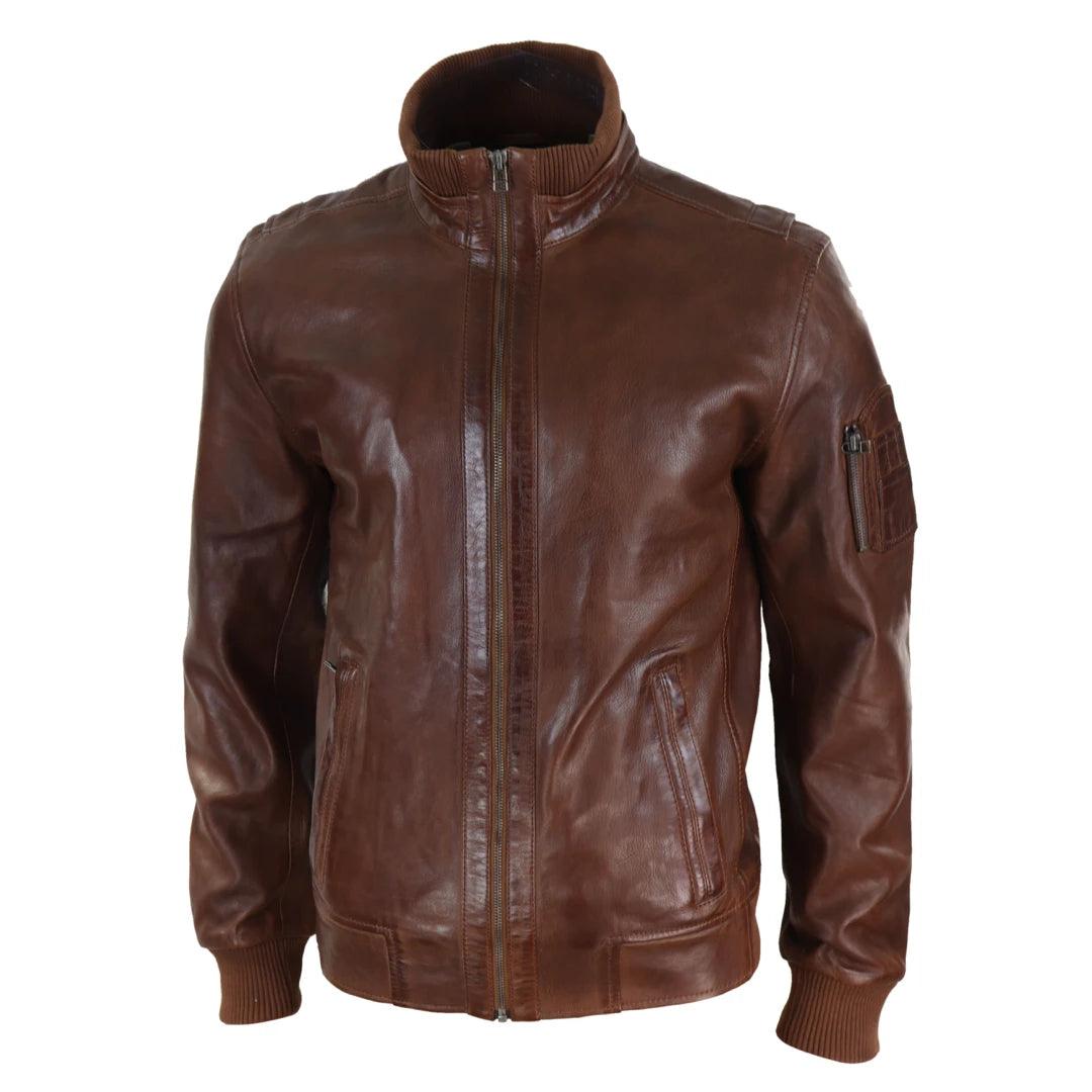 Mens Real Leather Bomber Jacket Smart Casual Blue Brown High Elasticated Neck - Knighthood Store