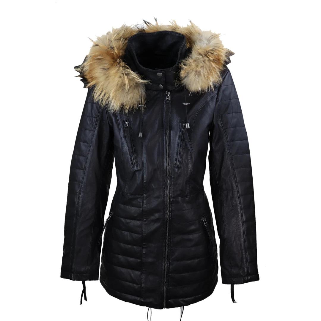 Ladies Real Leather Black Trench Mid Length Hood Raccoon Fur Winter Retro Jacket - Knighthood Store