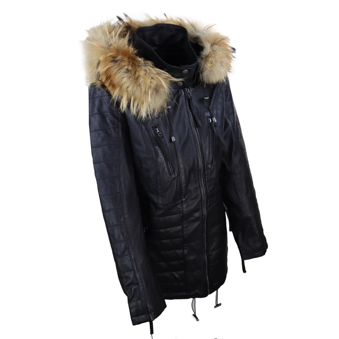 Ladies Real Leather Black Trench Mid Length Hood Raccoon Fur Winter Retro Jacket - Knighthood Store