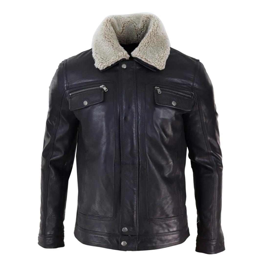 Mens Black brown Real Leather Jacket Sheepskin Collar Short Zip Button - Knighthood Store