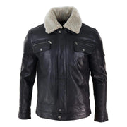 Mens Black brown Real Leather Jacket Sheepskin Collar Short Zip Button - Knighthood Store