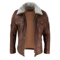Mens Black brown Real Leather Jacket Sheepskin Collar Short Zip Button - Knighthood Store