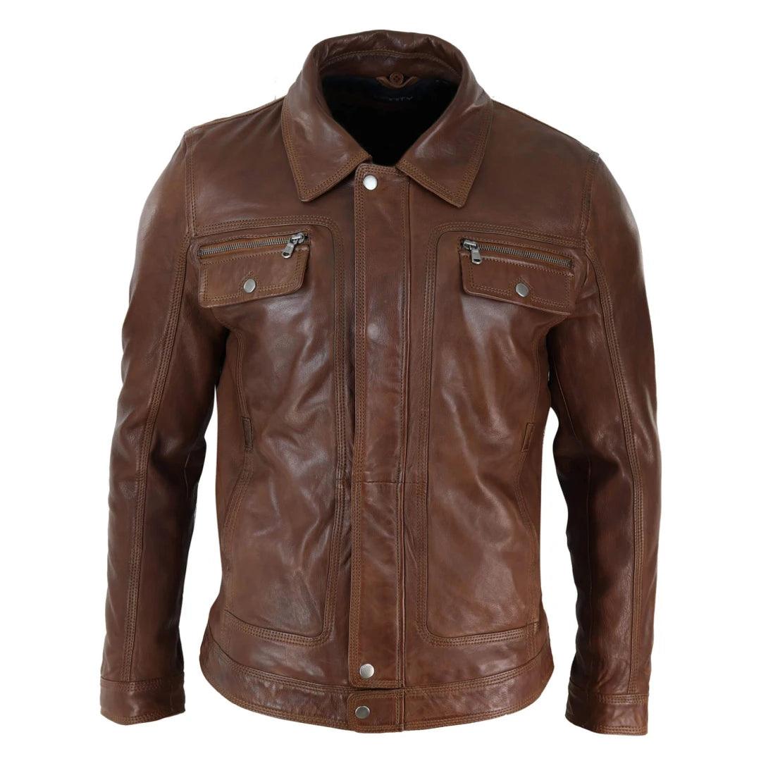 Mens Black brown Real Leather Jacket Sheepskin Collar Short Zip Button - Knighthood Store