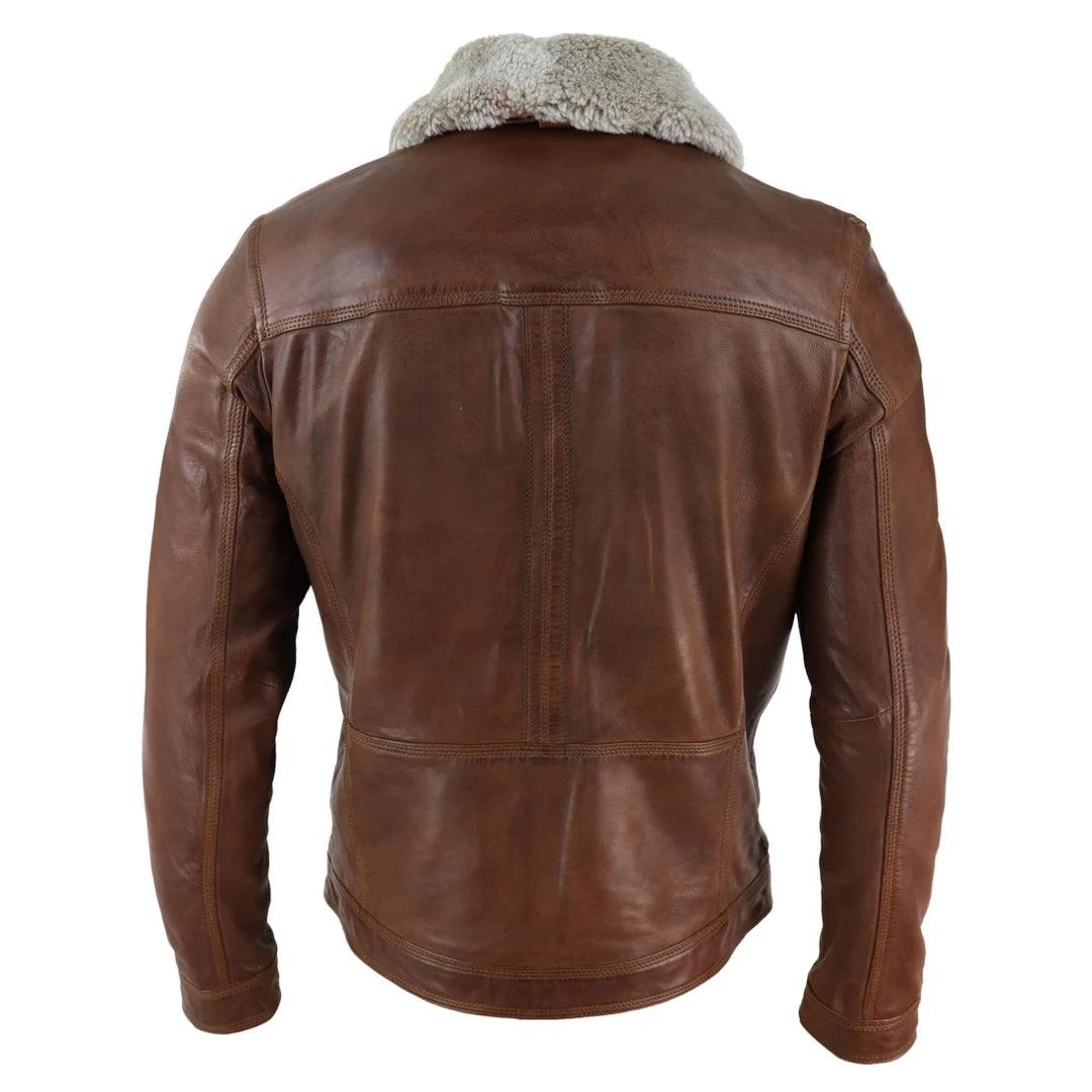 Mens Black brown Real Leather Jacket Sheepskin Collar Short Zip Button - Knighthood Store