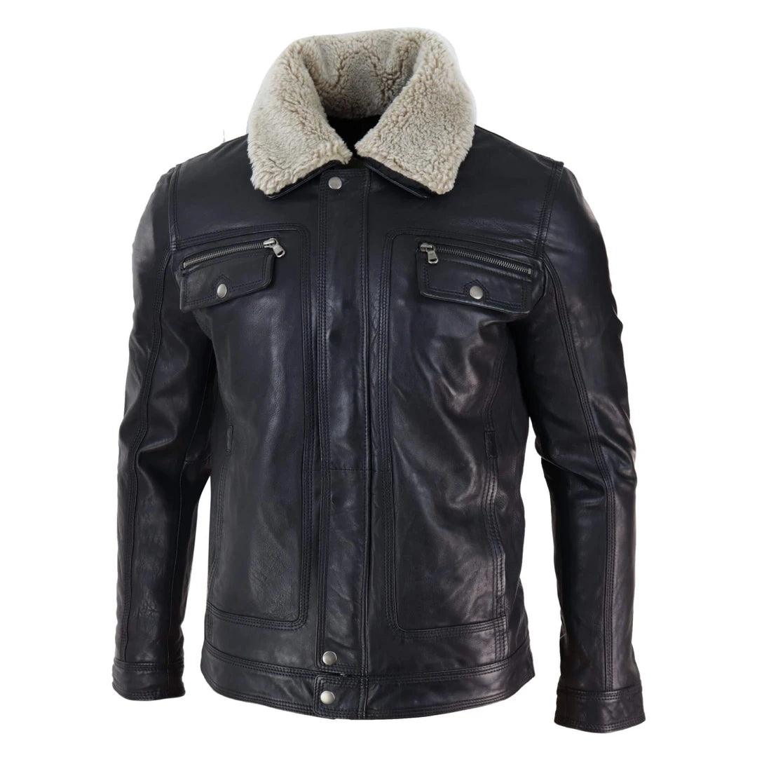 Mens Black brown Real Leather Jacket Sheepskin Collar Short Zip Button - Knighthood Store