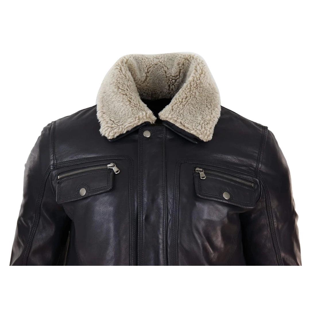 Mens Black brown Real Leather Jacket Sheepskin Collar Short Zip Button - Knighthood Store