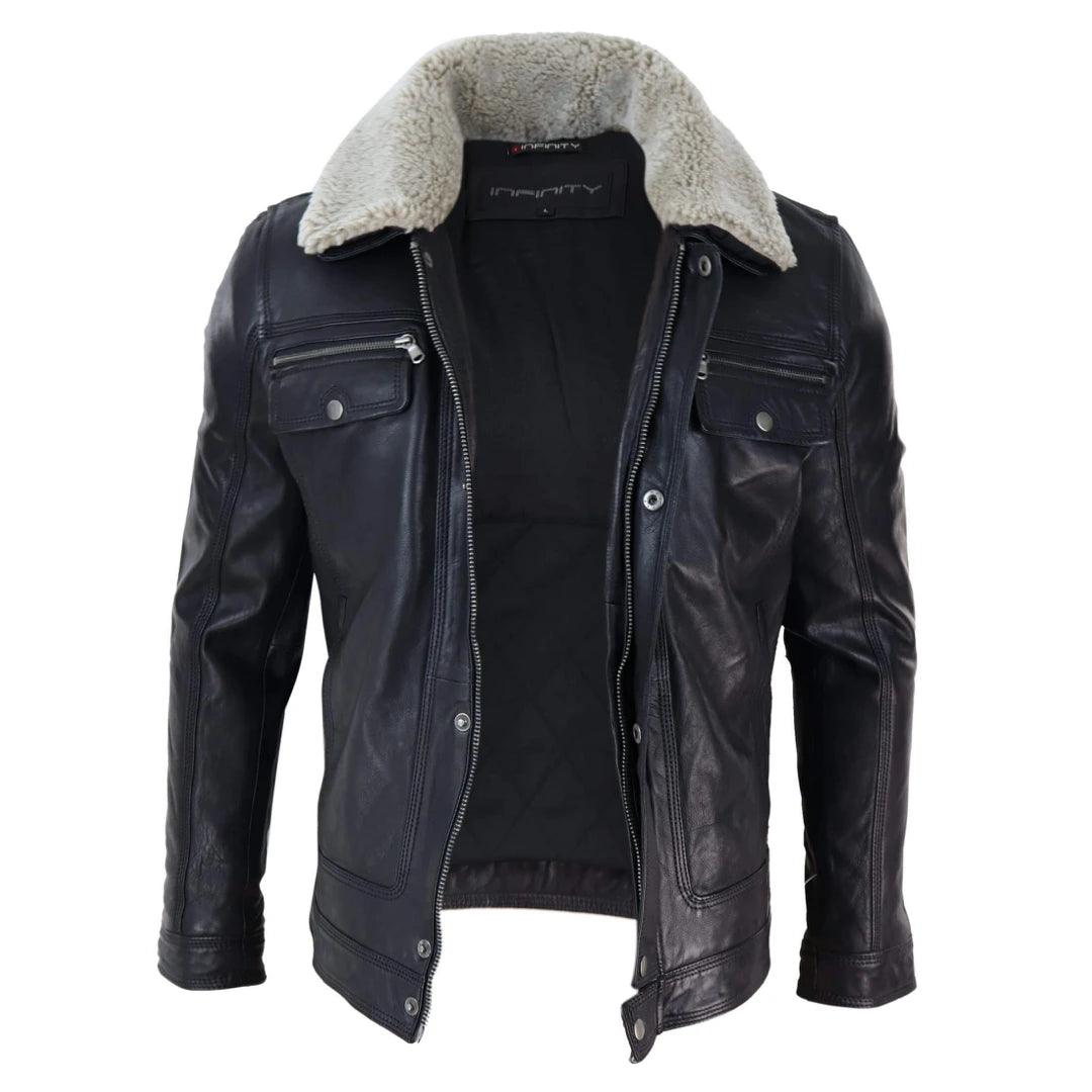 Mens Black brown Real Leather Jacket Sheepskin Collar Short Zip Button - Knighthood Store