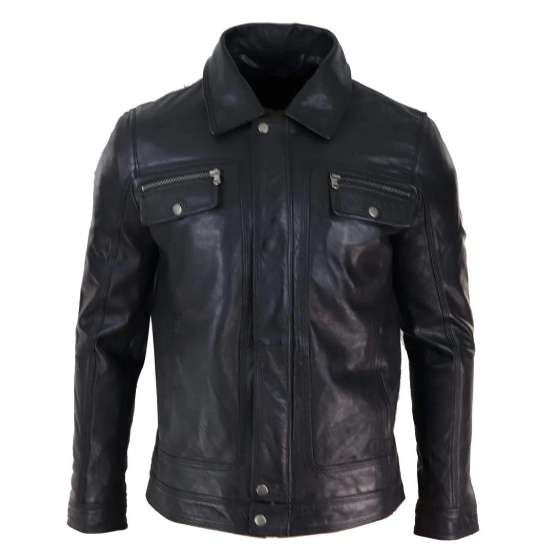Mens Black brown Real Leather Jacket Sheepskin Collar Short Zip Button - Knighthood Store
