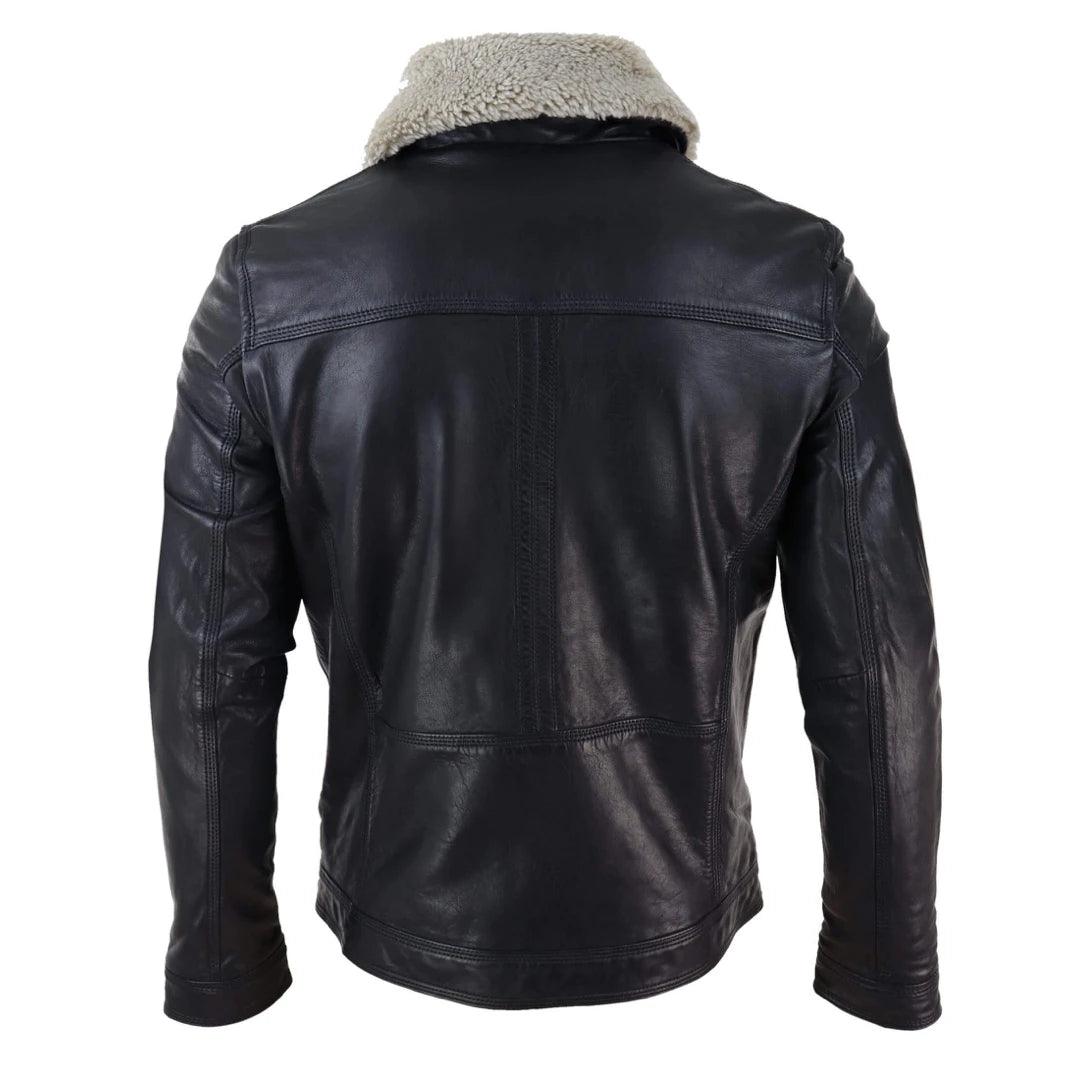 Mens Black brown Real Leather Jacket Sheepskin Collar Short Zip Button - Knighthood Store