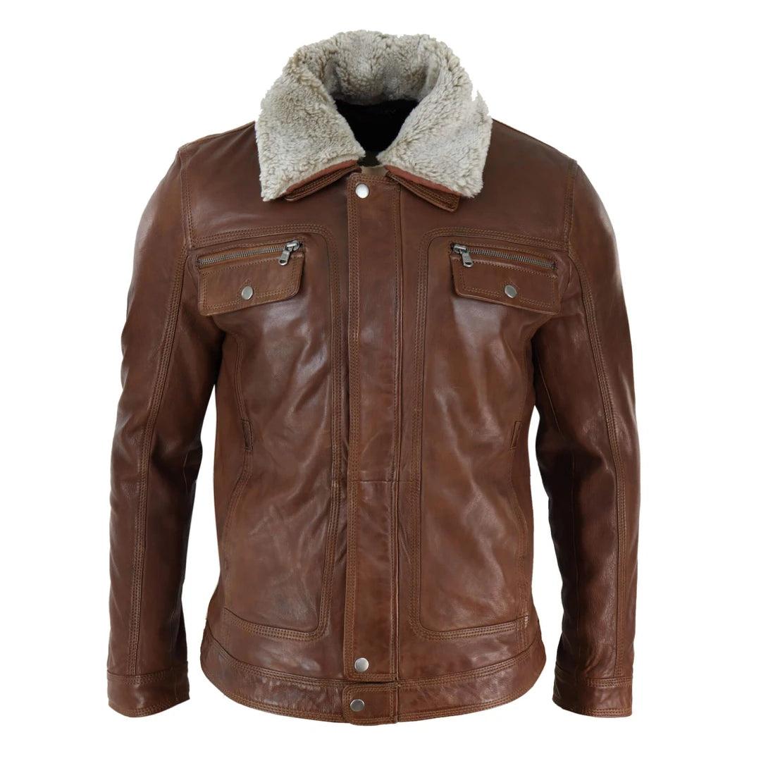 Mens Black brown Real Leather Jacket Sheepskin Collar Short Zip Button - Knighthood Store