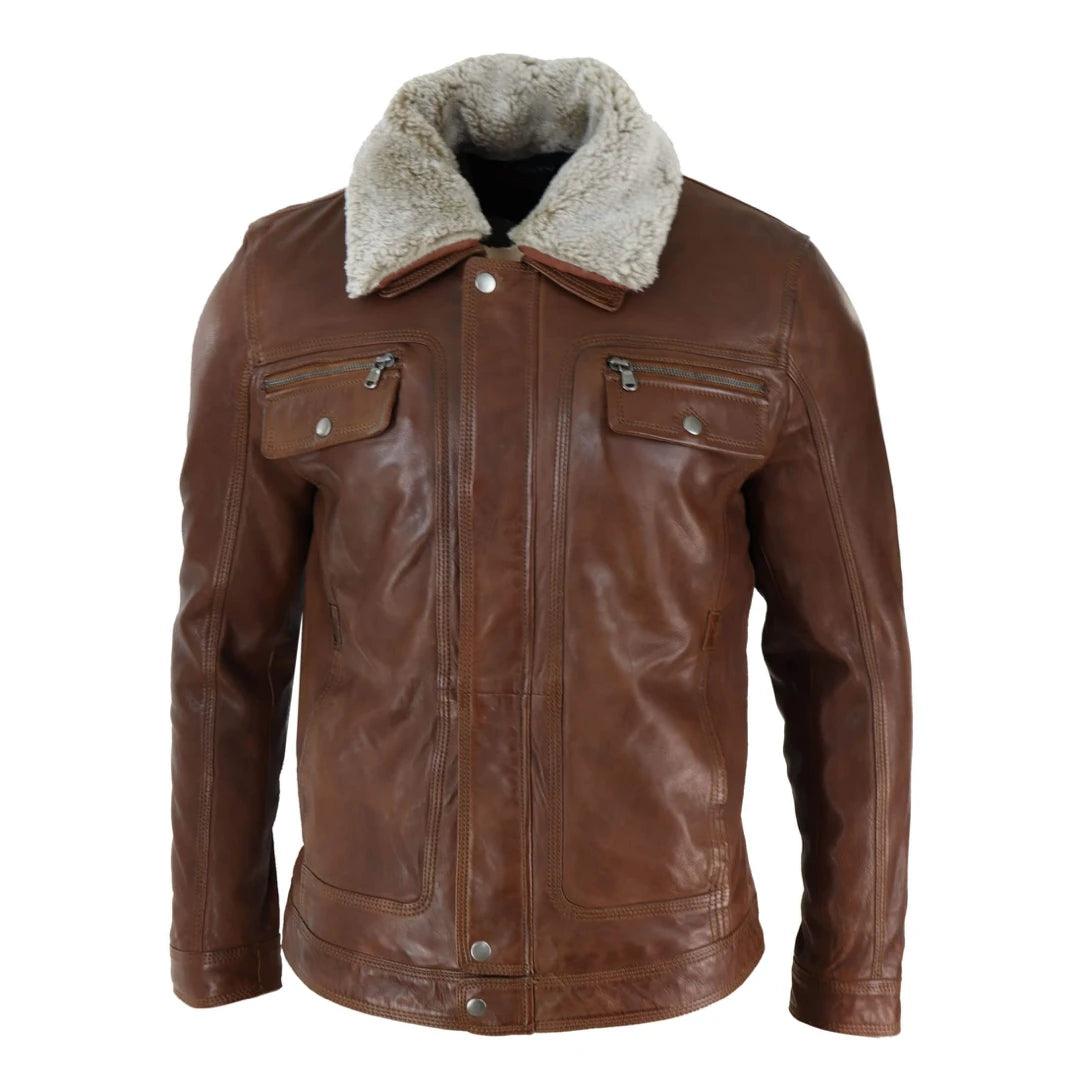 Mens Black brown Real Leather Jacket Sheepskin Collar Short Zip Button - Knighthood Store