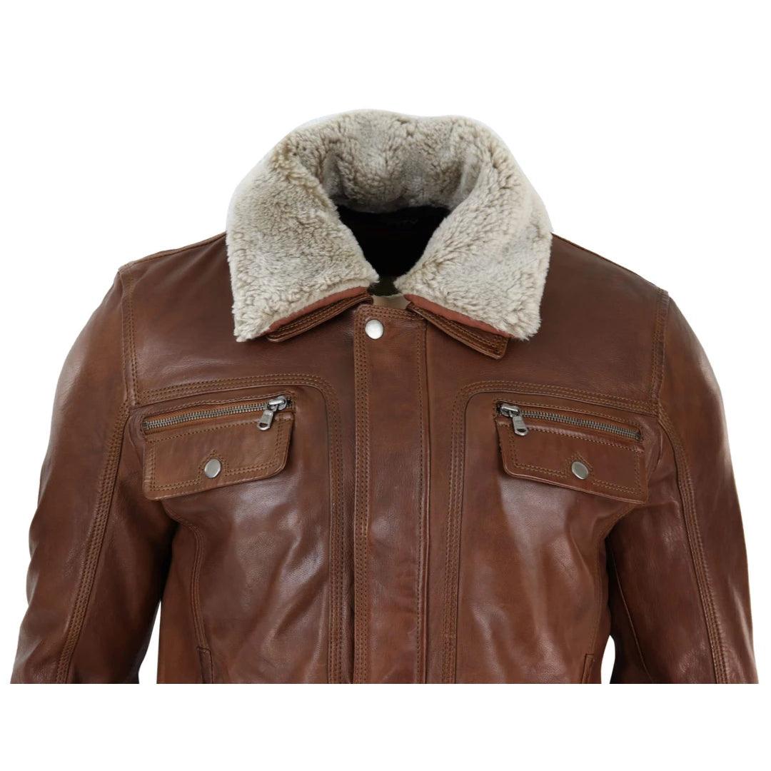Mens Black brown Real Leather Jacket Sheepskin Collar Short Zip Button - Knighthood Store