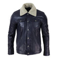 Mens Real Leather Jeans Jacket Fur Collar Retro Vintage Classic Navy Blue Casual - Knighthood Store