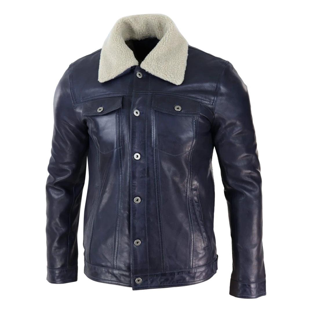 Mens Real Leather Jeans Jacket Fur Collar Retro Vintage Classic Navy Blue Casual - Knighthood Store