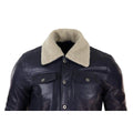 Mens Real Leather Jeans Jacket Fur Collar Retro Vintage Classic Navy Blue Casual - Knighthood Store