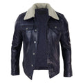 Mens Real Leather Jeans Jacket Fur Collar Retro Vintage Classic Navy Blue Casual - Knighthood Store