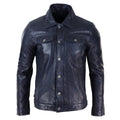 Mens Real Leather Jeans Jacket Fur Collar Retro Vintage Classic Navy Blue Casual - Knighthood Store