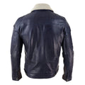 Mens Real Leather Jeans Jacket Fur Collar Retro Vintage Classic Navy Blue Casual - Knighthood Store