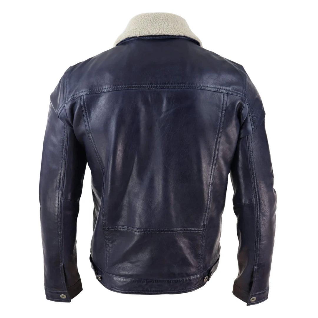 Mens Real Leather Jeans Jacket Fur Collar Retro Vintage Classic Navy Blue Casual - Knighthood Store