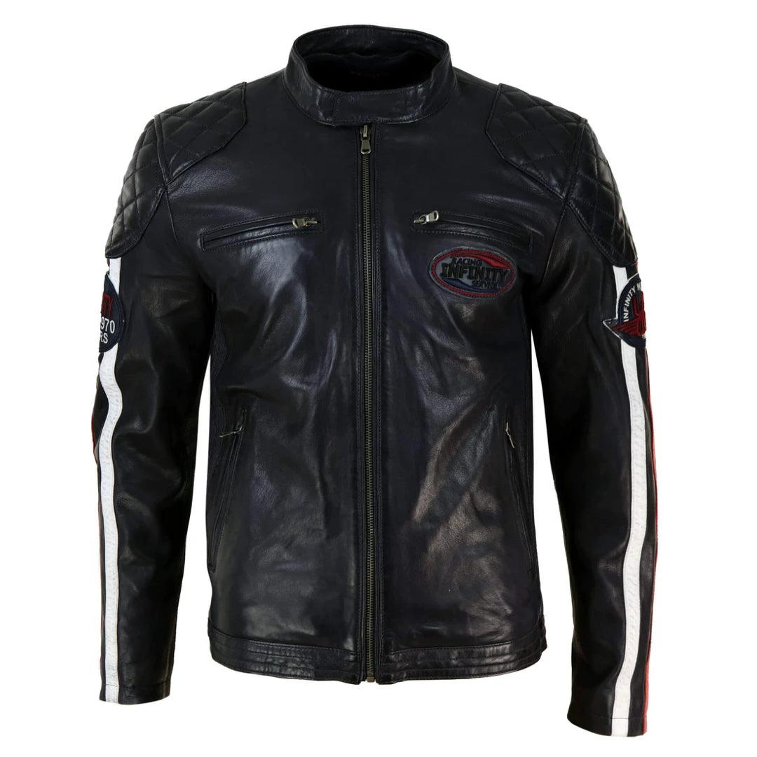 Mens Black Navy Brown Real Leather Racing Jacket Stripe Sleeves Moto Biker - Knighthood Store